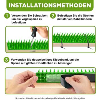 Preview: Taubenspikes Anti-Vogel-Spikes 5,4m grün - Effektiver Vogelschutz für Fensterbänke & Dachkanten - UV-beständiges Polycarbonat-3-Reihen-Design