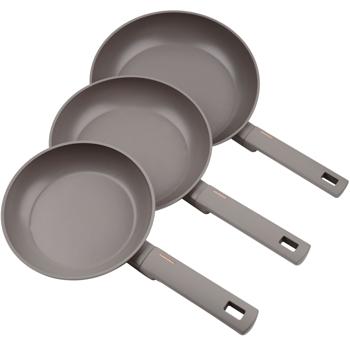 Preview: Hochwertiges Bratpfannen-Set (3-teilig), Ø 20/24/28cm, Aluminium, taupe – Antihaft, Soft-Touch-Griffe, elegantes Design für alle Heradarten