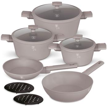 Preview: Design Kochset inkl. Untersetzer, Aluminium, 10-teilig, Titan Antihaftbeschichtung, taupe, für alle Herdarten geeignet