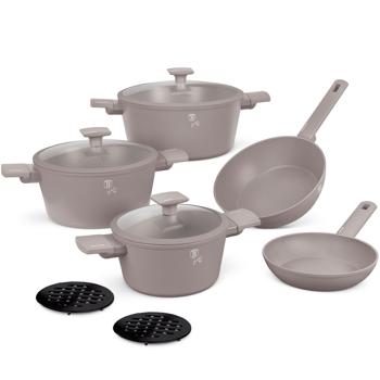 Preview: Design Kochset inkl. Untersetzer, Aluminium, 10-teilig, Titan Antihaftbeschichtung, taupe, für alle Herdarten geeignet