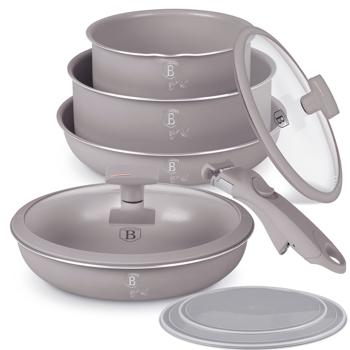 Preview: Hochwertiges Aluminium Pfannen-Set, 9-teilig, Taupe, Titanbeschichtung – Abnehmbarer Griff, Smart Lids & Glasdeckel, elegantes Design
