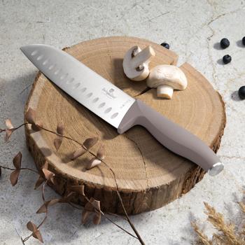 Preview: 6-tlg. Design Messerset, Edelstahl, Griffe taupe-farben – Handgeschärft, ergonomische Soft-Griffe, trendiges Küchenmesser-Set