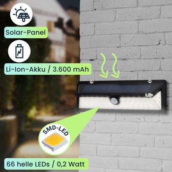 Preview: Moderne Wandleuchte, mit Solarpanel, PIR Bewegungs-Sensor, 66 helle LEDs, 800 Lumen, 13,2 Watt, IP44, inkl. Montagematerial