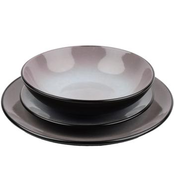 Modernes Design-Geschirr-Set aus hochwertigem Steingut, 18-teilig, in stilvollem Taupe/Schwarz, robust, spülmaschinen- & mikrowellengeeignet