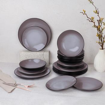 Preview: Modernes Design-Geschirr-Set aus hochwertigem Steingut, 18-teilig, in stilvollem Taupe/Schwarz, robust, spülmaschinen- & mikrowellengeeignet
