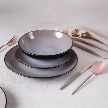 Preview: Modernes Design-Geschirr-Set aus hochwertigem Steingut, 18-teilig, in stilvollem Taupe/Schwarz, robust, spülmaschinen- & mikrowellengeeignet