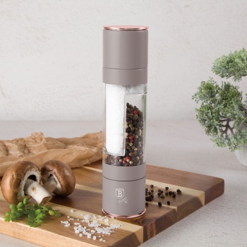 Preview: 2in1 Salz- & Pfeffermühle: matt taupe, Designer Gewürzmühle - Stilvoll & Praktisch – Mahlt Salz & Pfeffer gleichzeitig - Blickfang für jede Küche