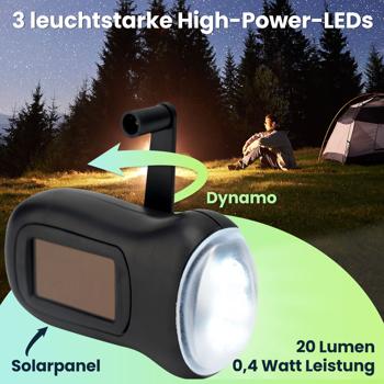 Preview: Praktische LED-Dynamo-Taschenlampe mit Handkurbel und Solarpanel, 3 High Power LEDs, 20 lm, Li-Ion-Akku, ideal bei Camping, Reisen, Outdoor