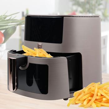 XXL Heissluftfritteuse 8L mit Sichtfenster – Air Fryer mit 8 Kochprogrammen, Timer & Touch-Display – Stilvolles Taupe-Design