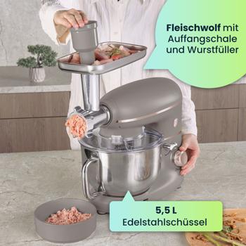 Preview: Vintage Küchenmaschine inkl. Fleischwolf u. Wurstfüller, Smoothie- u. Pasta-Aufsätze, angenehme 5,5 l Rührschüssel, 1500W, taupe