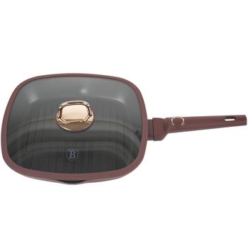 Preview: Design-Grillpfanne, 28cm, bordeaux/roségold – Titanbeschichtung, Glasdeckel, Aluminium, PFOA-frei, hochwertig verarbeitet 