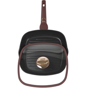 Design-Grillpfanne, 28cm, bordeaux/roségold – Titanbeschichtung, Glasdeckel, Aluminium, PFOA-frei, hochwertig verarbeitet 