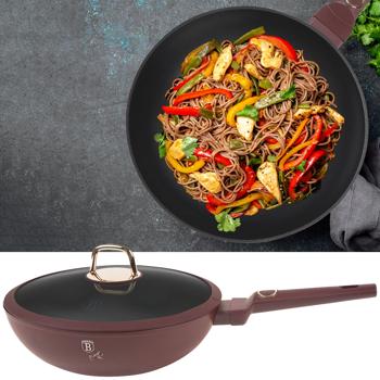 Design Wokpfanne mit Glasdeckel, 28cm, bordeaux: Antihaft, robust & stilvoll kochen, für gesundes & aromatisches Braten