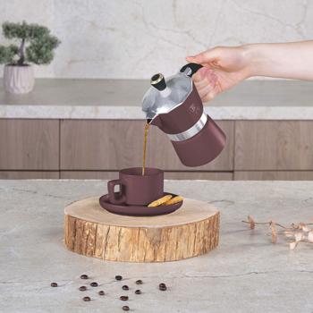 Preview: Design Espressokocher 3 Portionen (150ml) für authentischen Kaffeegeschmack - für alle Herde geeignet - Aluminium bordeaux matt - ergonomischer Soft-Touch-Griff