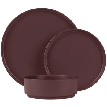 18-tlg. Steingut Geschirrset, Matt-Bordeaux, 6 Personen: Speise-, Dessertteller, Schalen, edles Design für stilvolle Mahlzeiten, modern und elegant