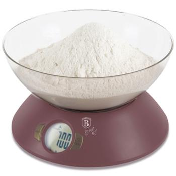 Moderne Design Küchenwaage mit Schüssel, bordeaux, max 5 kg, gramm-genau, inkl. Batterien - Exklusiv & langlebig