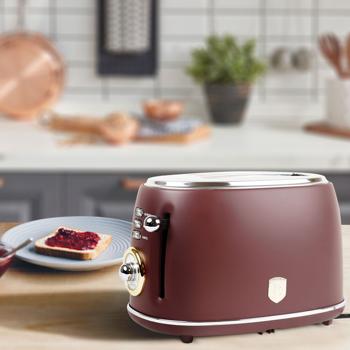 Preview: Edler Aluminium Design Toaster, bordeaux matt, starke 850W – 6 Röststufen, nostalgischer Look, hochwertiger Frühstücks-Toaster