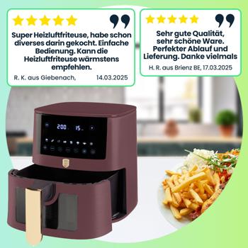 Preview: Heissluftfritteuse mit 8 Kochprogrammen–Air Fryer, 5L, bordeaux, mit Warmhaltefunktion, fettarmes Frittieren, trendiges Design, knusprige Ergebnisse