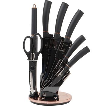 Preview: 8-tlg. Design Messerset, schwarz-roségold – drehbarer Halter & Schleifer, Edel & Hochwertig, Modernes Messerset für die stilvolle Küche