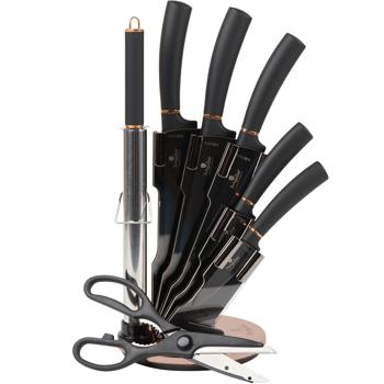 Preview: 8-tlg. Design Messerset, schwarz-roségold – drehbarer Halter & Schleifer, Edel & Hochwertig, Modernes Messerset für die stilvolle Küche