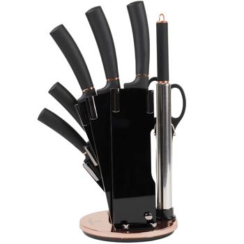 Preview: 8-tlg. Design Messerset, schwarz-roségold – drehbarer Halter & Schleifer, Edel & Hochwertig, Modernes Messerset für die stilvolle Küche