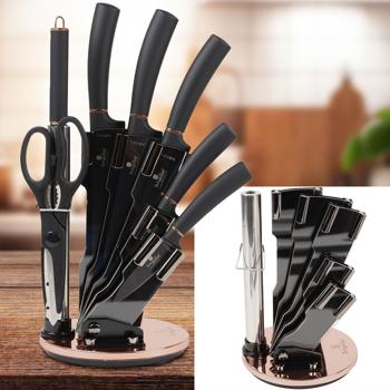 8-tlg. Design Messerset, schwarz-roségold – drehbarer Halter & Schleifer, Edel & Hochwertig, Modernes Messerset für die stilvolle Küche