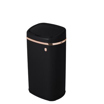 Preview: Hochwertiger Design Abfalleimer aus Metall, mit 58 Liter Volumen und Touch Sensor, edle mattschwarz-roségold Optik, stabiler Rahmen und Deckel