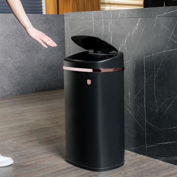 Preview: Hochwertiger Design Abfalleimer aus Metall, mit 58 Liter Volumen und Touch Sensor, edle mattschwarz-roségold Optik, stabiler Rahmen und Deckel