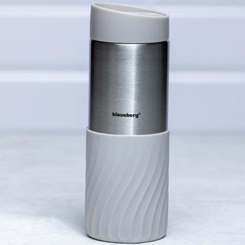 Preview: Doppelwandiger Thermobecher, 420 ml, hellgrau, hält Getränke stundenlang heiss oder kalt, auslaufsicher, robust & ideal für unterwegs