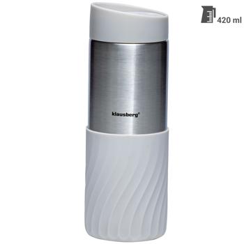 Preview: 4er-Set Thermobecher - doppelwandiger Edelstahl-Isolierbecher 420ml hellgrau - hält Heiss-/Kaltgetränke lange warm/kühl - auslaufsicher & BPA-frei