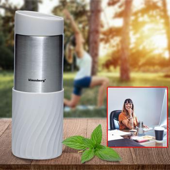 Doppelwandiger Thermobecher, 420 ml, hellgrau, hält Getränke stundenlang heiss oder kalt, auslaufsicher, robust & ideal für unterwegs