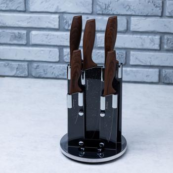 Preview: Messerset 5-teilig - Rotierender Messerständer 360° drehbar - Edelstahlklingen Antihaftbeschichtung - Koch- Aufschnitt- Brot- Allzweck- Schälmesser