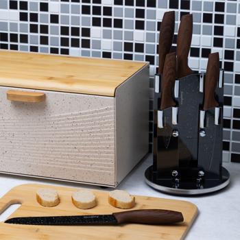 Preview: Messerset 5-teilig - Rotierender Messerständer 360° drehbar - Edelstahlklingen Antihaftbeschichtung - Koch- Aufschnitt- Brot- Allzweck- Schälmesser