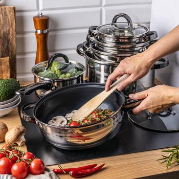 Preview: Edles 6-teiliges Kochtopf-Set aus Edelstahl – mit Glasdeckel & dunklen Griffen – langlebig, hitzebeständig & für alle Herdarten, inkl. Induktion