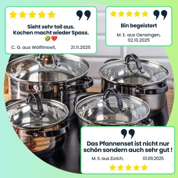Preview: Hochwertiges 4-teiliges Kochtopf-Set aus Edelstahl mit Glasdeckeln, Ø16/18/20/24 cm – langlebig, robust & ideal für alle Herdarten, inkl. Induktion