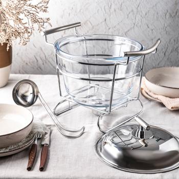 Hochwertiger Edelstahl und Glas Suppenwärmer, 4 Liter Behälter, transparent mit Deckel und Schöpf-Kelle: Ofenfest, inkl. Ständer, ideal für warme Buffets