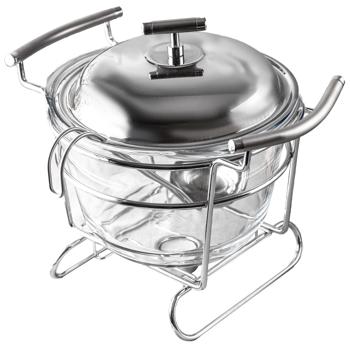 Preview: Hochwertiger Edelstahl und Glas Suppenwärmer, 4 Liter Behälter, transparent mit Deckel und Schöpf-Kelle: Ofenfest, inkl. Ständer, ideal für warme Buffets