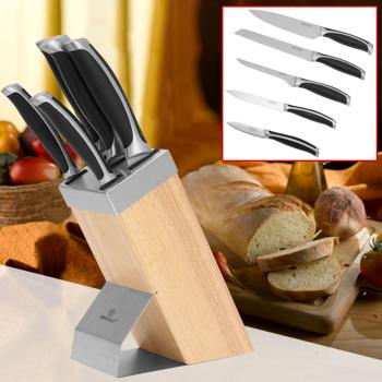 Edles Messerset mit 5 Messern und Messerblock (Holz/Edelstahl) – Hochwertiges Design, für jede moderne Küche