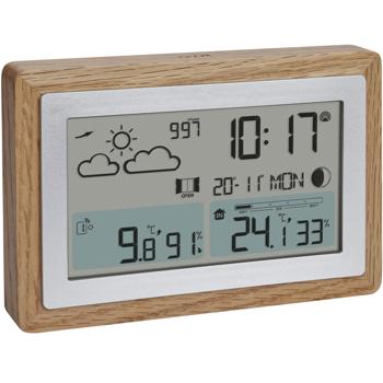 Preview: Elegante Funk-Wetterstation im Holz-Design – Eichenholzrahmen, Aussensensor, Wettertrends, Funkuhr & Wecker – Stilvolle Wetterdaten