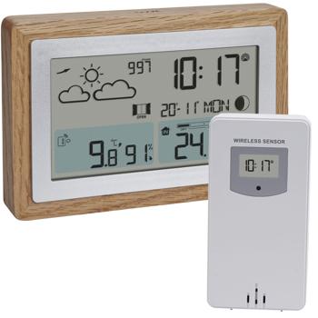 Preview: Elegante Funk-Wetterstation im Holz-Design – Eichenholzrahmen, Aussensensor, Wettertrends, Funkuhr & Wecker – Stilvolle Wetterdaten