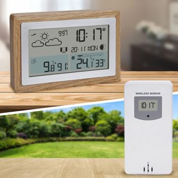 Elegante Funk-Wetterstation im Holz-Design – Eichenholzrahmen, Aussensensor, Wettertrends, Funkuhr & Wecker – Stilvolle Wetterdaten