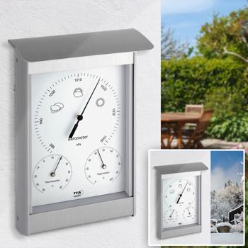 Analoge Aussenwetterstation aus Edelstahl – Präzises Barometer, Thermometer & Hygrometer, misst Luftdruck, Temperatur & Luftfeuchtigkeit