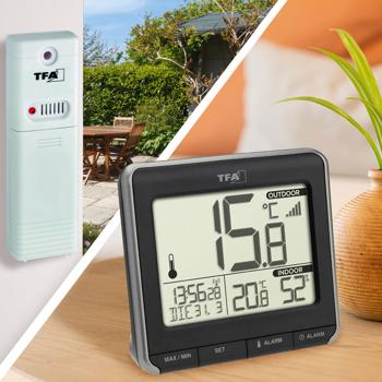Funk-Thermometer mit Aussensensor - Misst Innen-/Aussentemperatur & Luftfeuchtigkeit - Funk-Uhr, Wecker, Frostwarnung - Reichweite 100m, Schimmel-Vermeidung