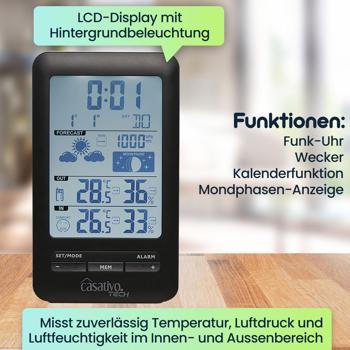 Preview: Digitale Funk-Wetterstation mit Aussensensor für präzise Wettervorhersage - Barometer, Hygrometer & Trend - Grosses Display - Funkuhr u. Wecker