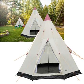 Robustes 3-Personen Tipi-Zelt, Ø 2,5m, wasserabweisend, weiss-schwarz. Leicht aufzubauen, geräumig, ideal für Camping & Outdoor-Abenteuer
