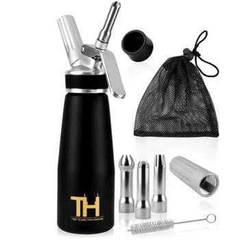 Preview: 500ml Sahnespender Set: edles schwarz, 3 Aufsätze & Bürste - Professionelle Schlagsahne, einfache Zubereitung für Desserts & Kaffee