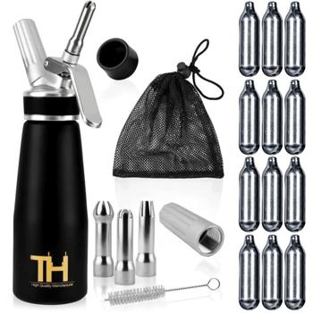 Vielseitiger Sahnespender: 500ml, schwarz, 12 Kapseln, 3 Düsen, Bürste - Für Desserts, Kaffee, Cocktails - Rahmbläser für Gastronomie & Zuhause