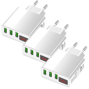 Preview: 3er-Set Intelligentes 3-Port USB-Netzteil weiss - Lädt Smartphones/Tablets bis 40% schneller - LED-Anzeige - Überstrom-/Kurzschlussschutz