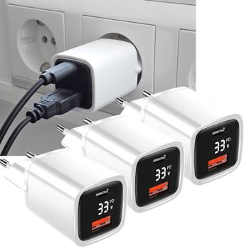 3er-Set Leistungsstarkes USB Netzteil Dual Port, USB-C und USB-A, 33 Watt Schnellladegerät, weiss - schwarz, Power Delivery und Quick Charge