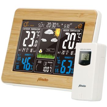 Preview: Wetterstation mit Funk-Aussensensor (100m) - Beleuchtetes Bambus-Display - Thermo-Hygro-Barometer, zuverlässige Wetterdaten für Ihr Zuhause